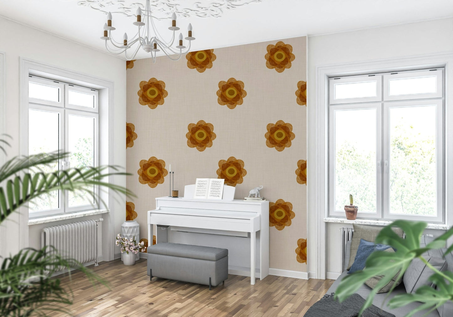 Japandi Bloom - Soft Linen Minimal Orange Floral Wallpaper⁠