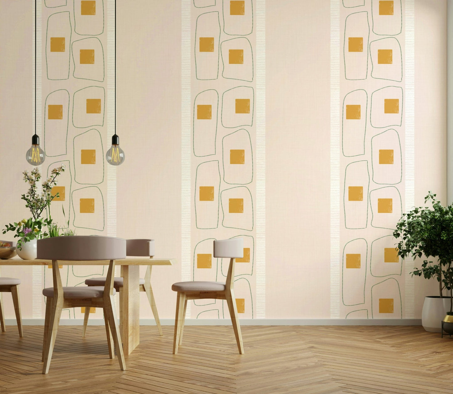Eggshell wallpaper with Japandi frame lines

