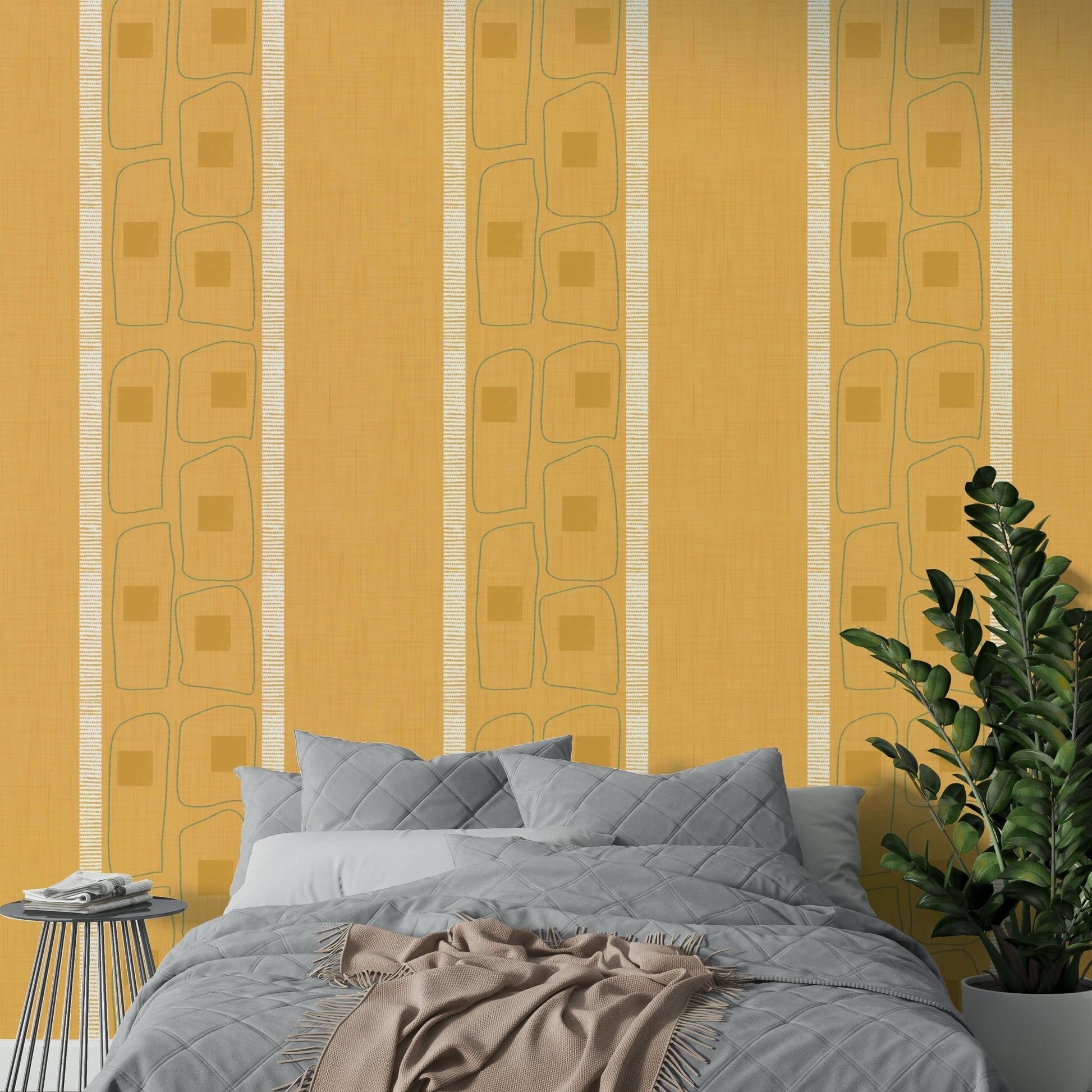Golden ochre wallpaper with Japandi frame lines, GD1052
