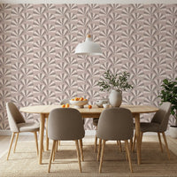 Neutral fan pattern wall mural for a serene bedroom aesthetic with wooden furniture.