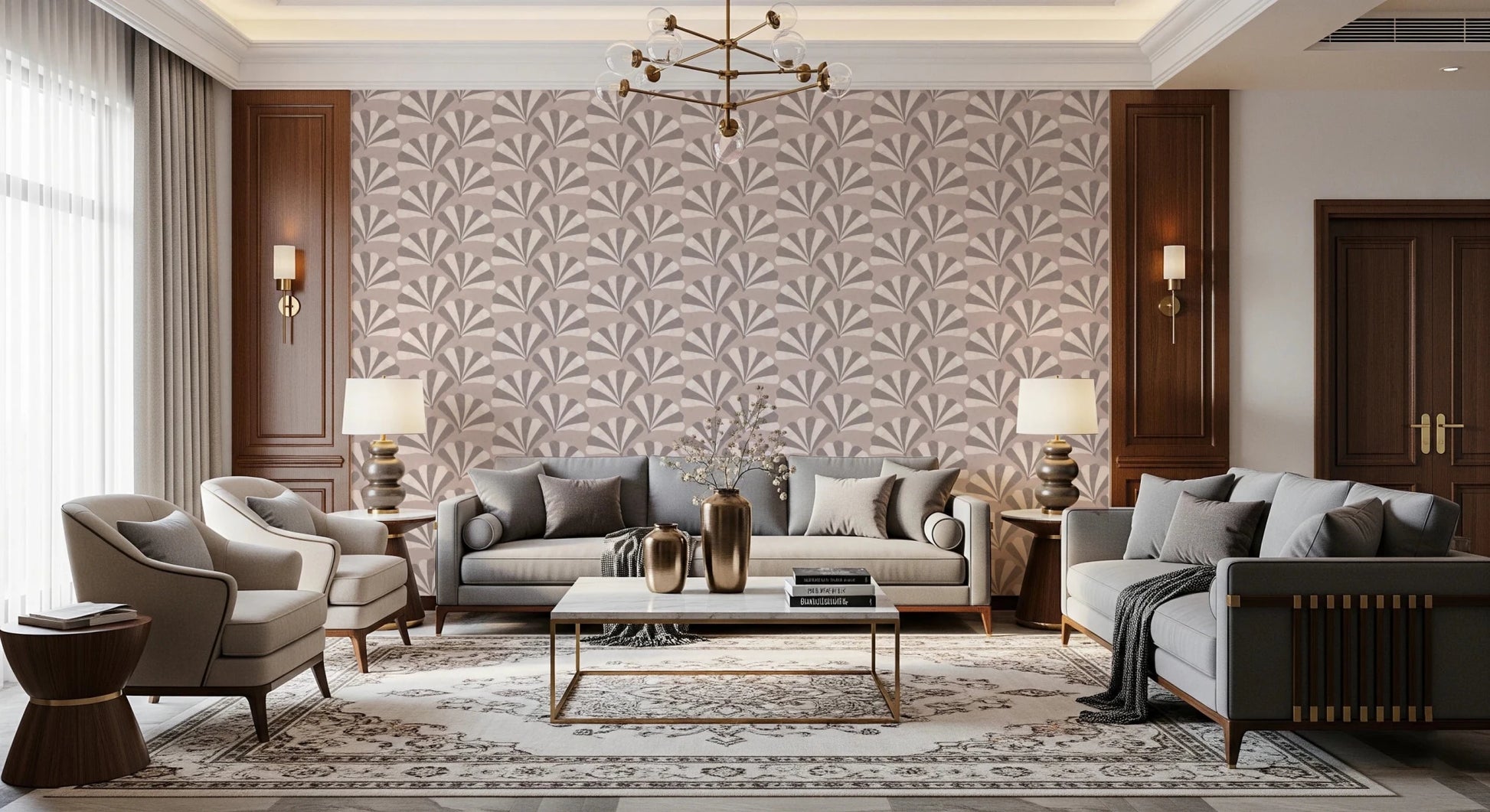 Minimalist ginkgo wallpaper design for a sophisticated guest room interior.