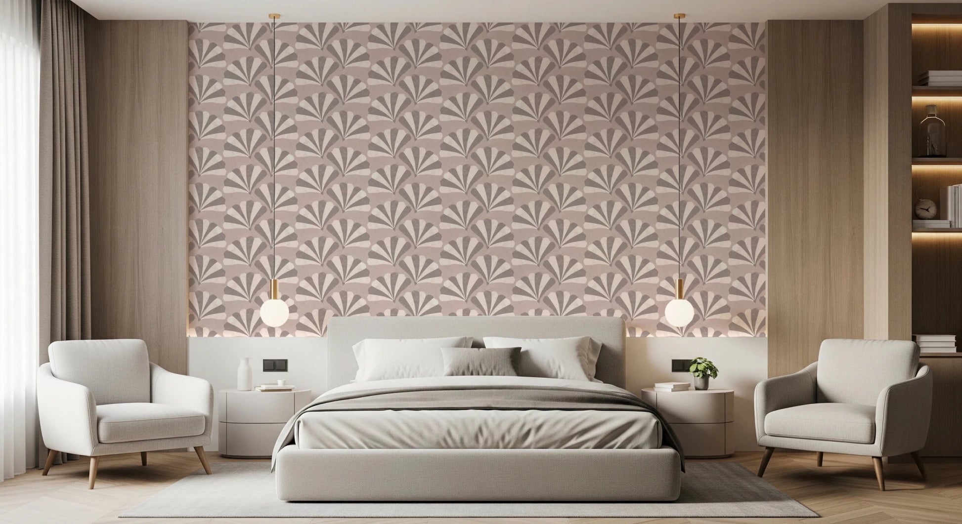 Textured appearance Japandi Ginko Leaf Dance wallpaper for a textured wall effect.