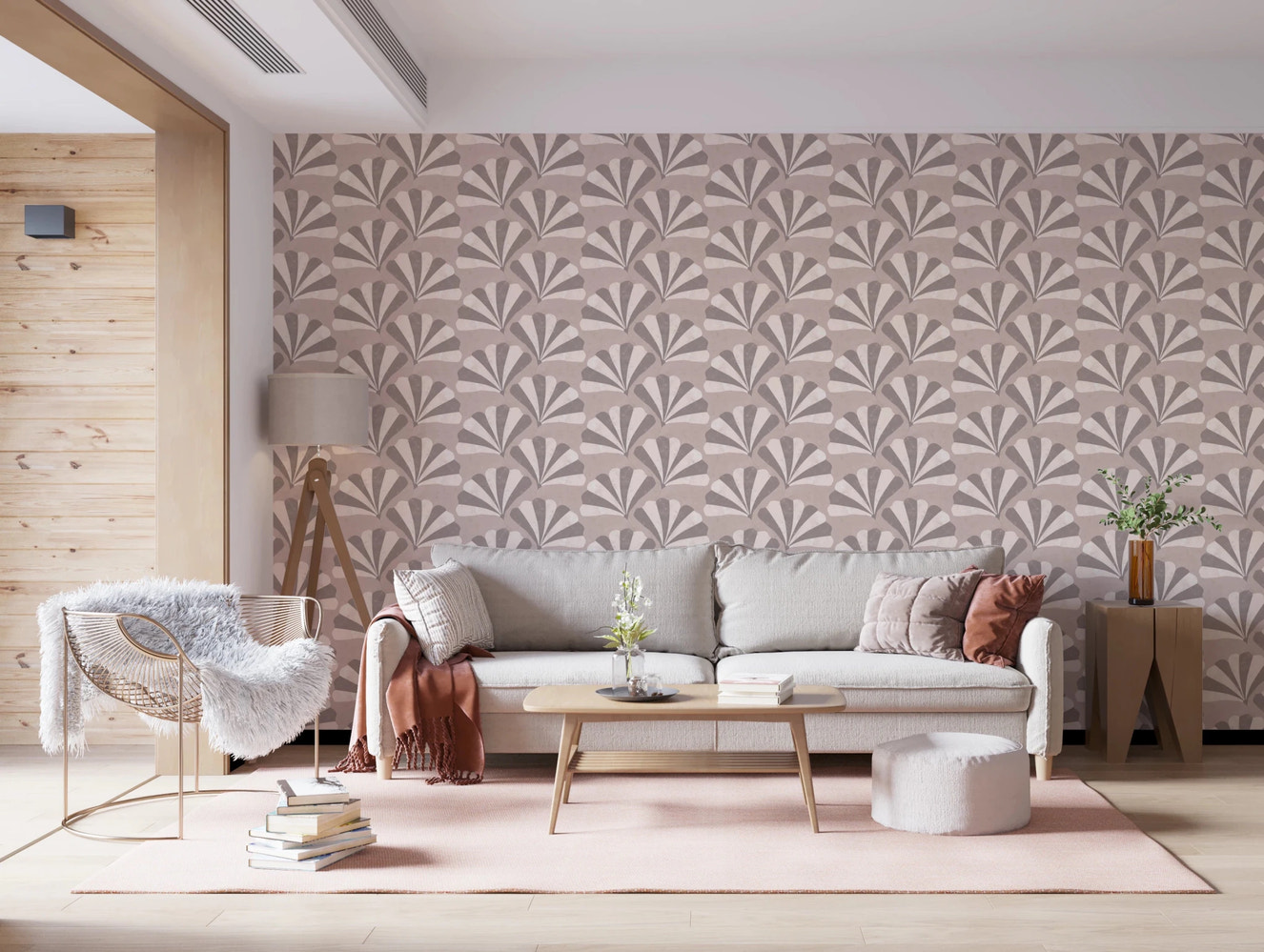Japandi Ginko Leaf Dance wallpaper in a minimalist living room with beige tones.