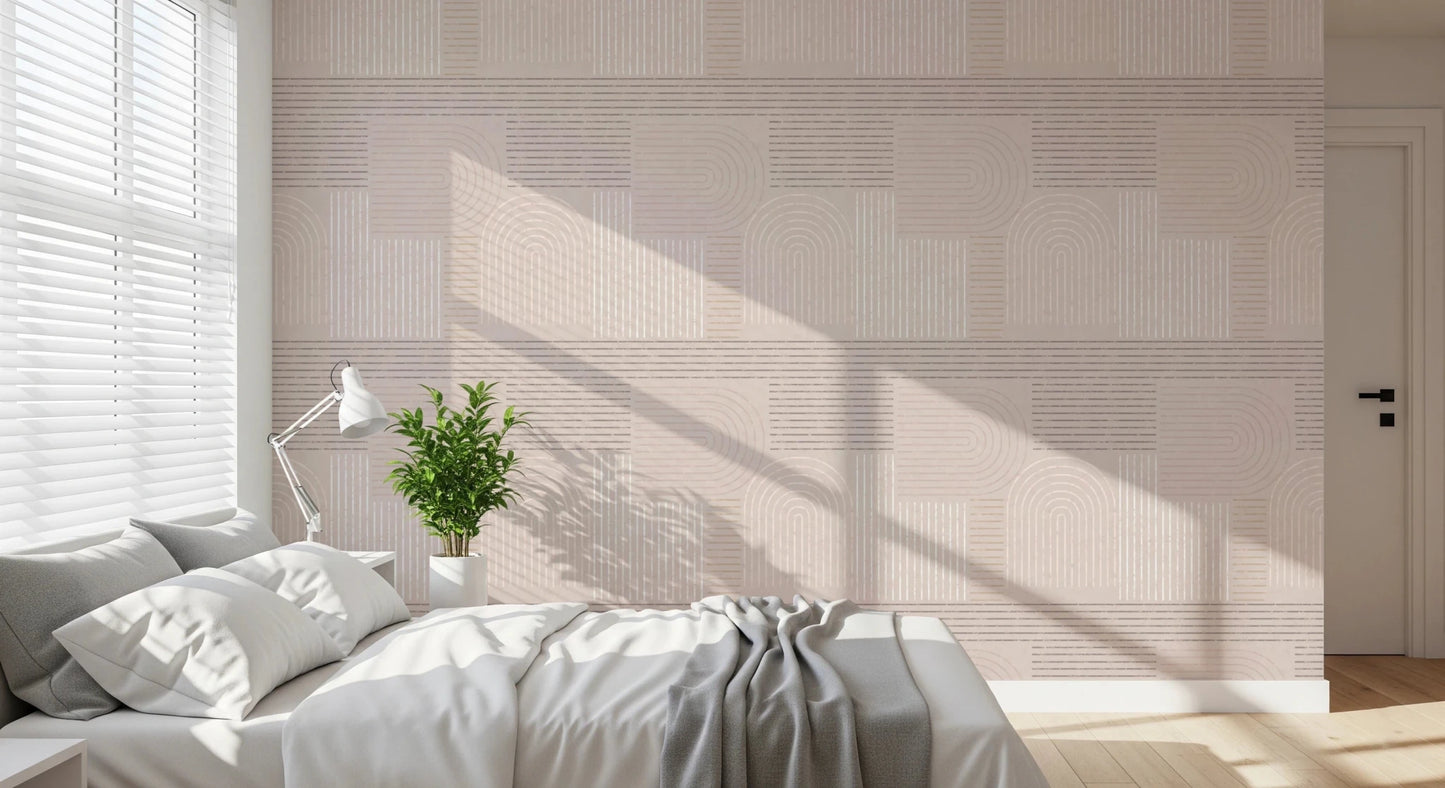 Symmetrical line art wallpaper for a minimalist feature wall in a dining area