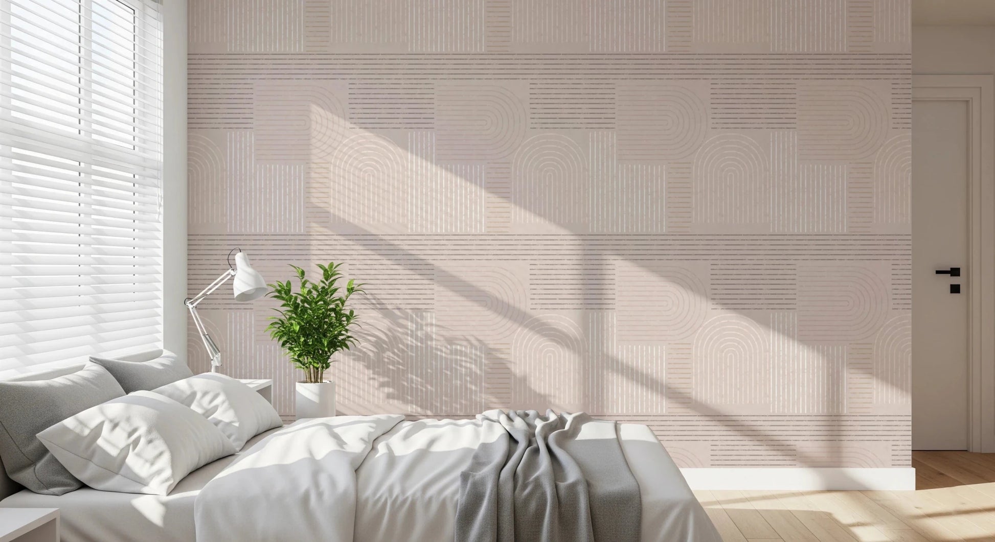 Symmetrical line art wallpaper for a minimalist feature wall in a dining area