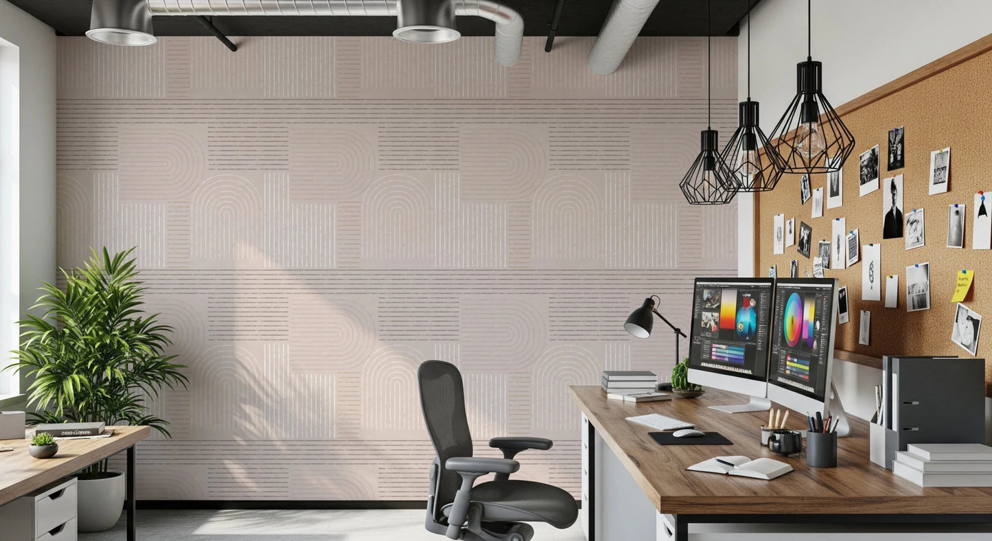 Japandi Line Harmony wallpaper used as a sophisticated backdrop in a lounge