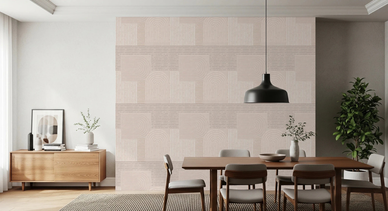 Japandi Line Harmony wallpaper with beige geometric arches for a modern living room