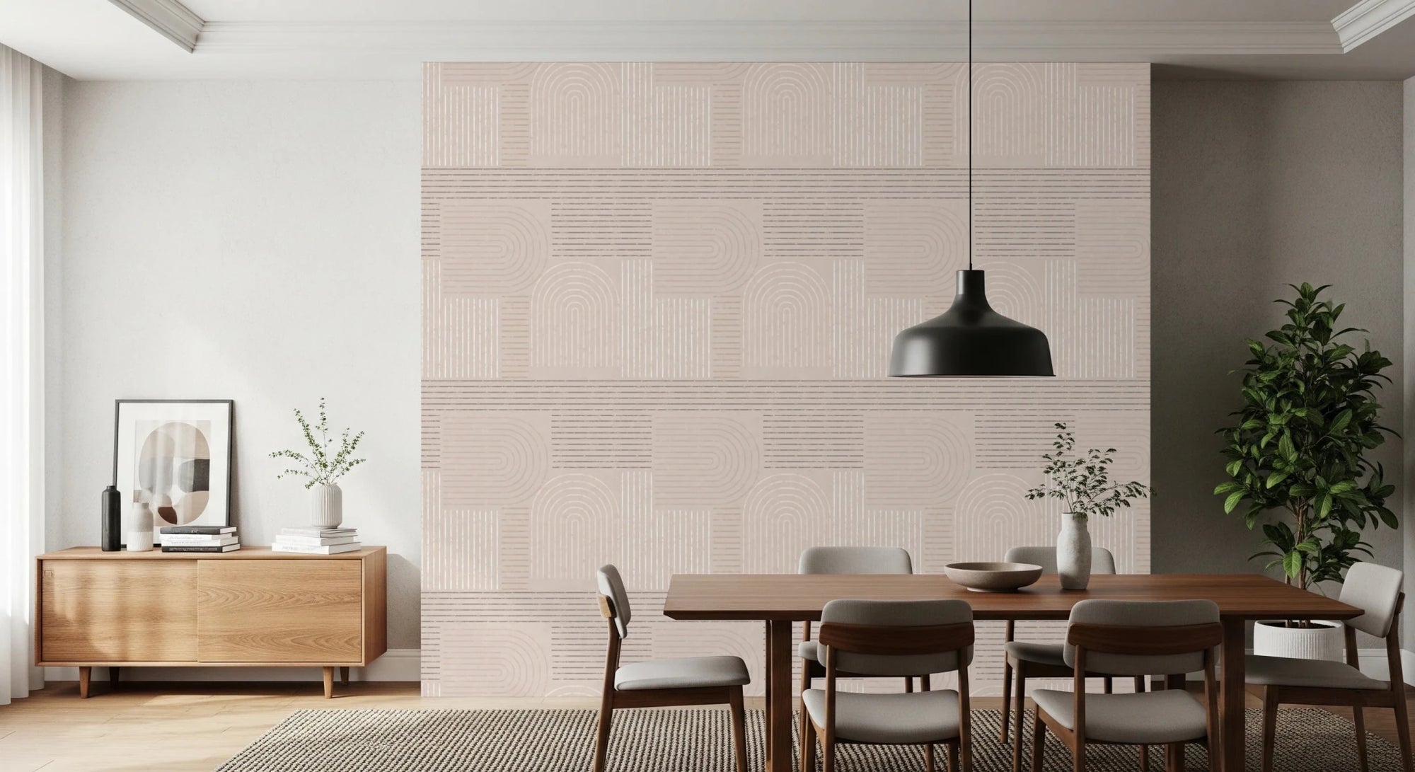 Japandi Line Harmony wallpaper with beige geometric arches for a modern living room, GD8359