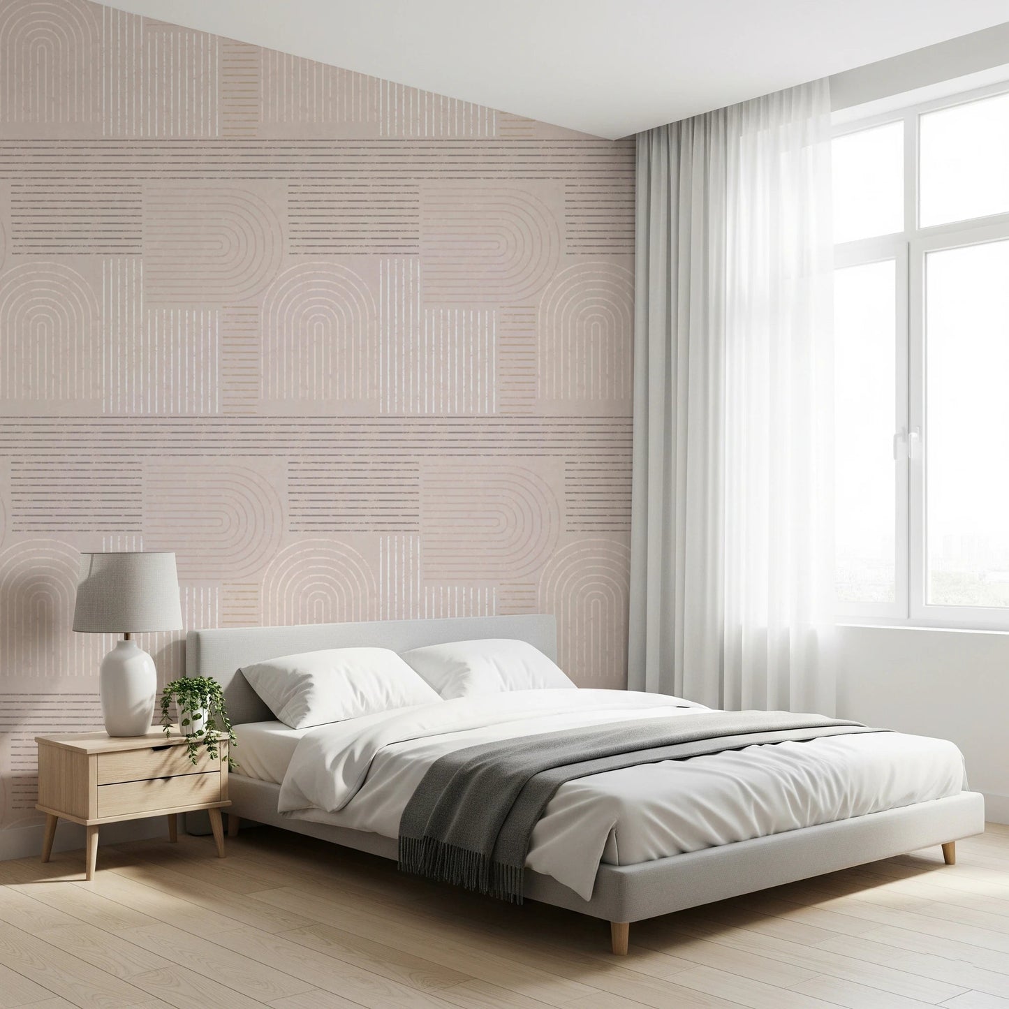 Abstract arch wall mural in a soft matte finish for a quiet home office