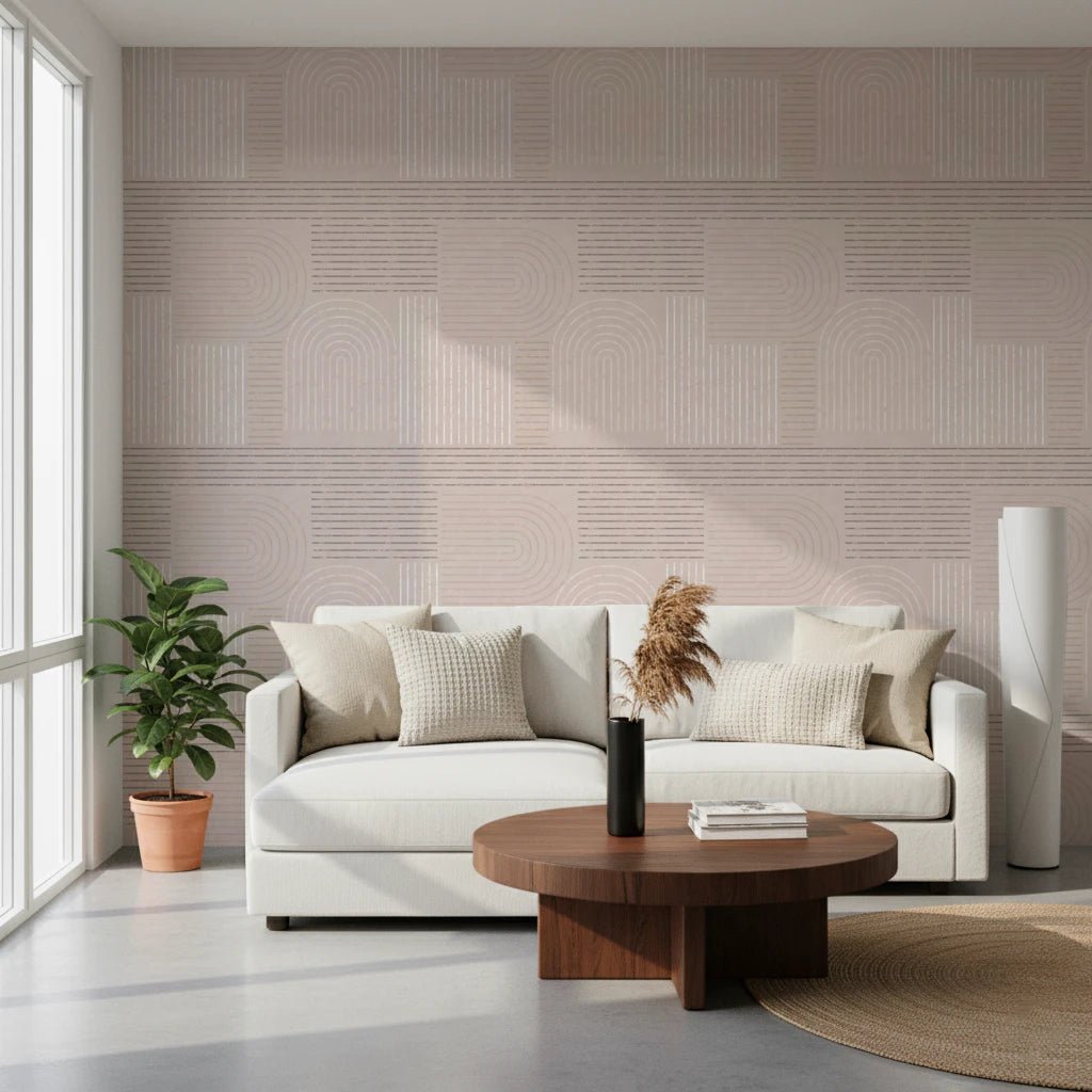Minimalist wall mural featuring neutral linear patterns in a serene bedroom setting
