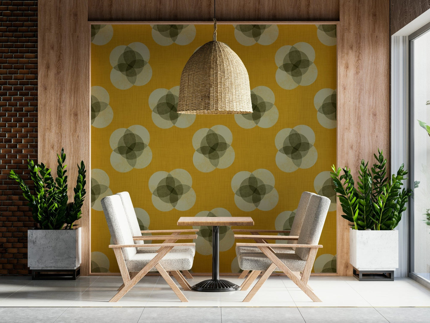 A graceful subtle bloom wall mural in warm, mustard tones.