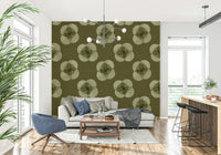 A beautiful Japandi floral wallpaper mural with olive tones.