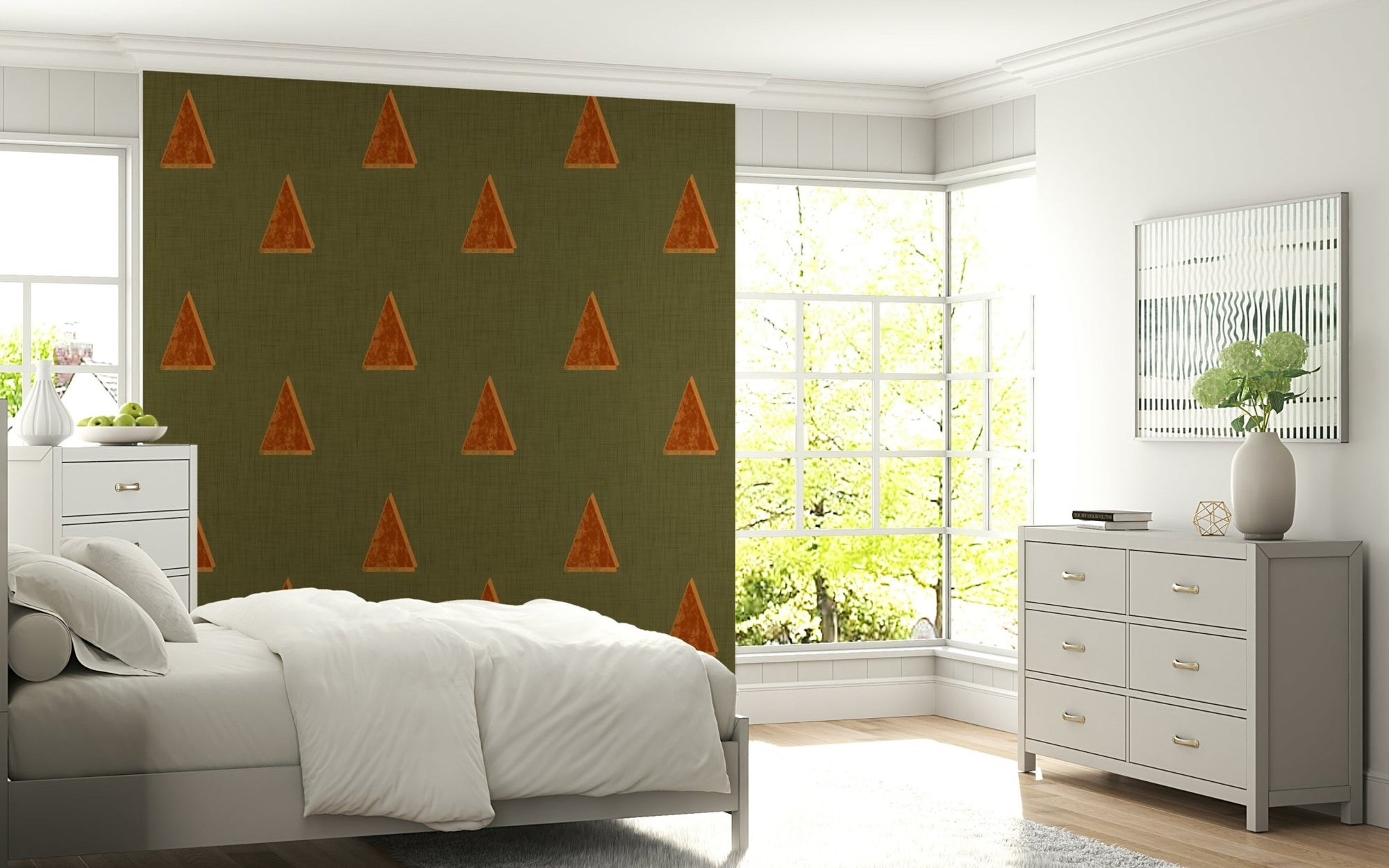 A beautiful Japandi geometric wallpaper mural with mid-century olive trees., GD5405
