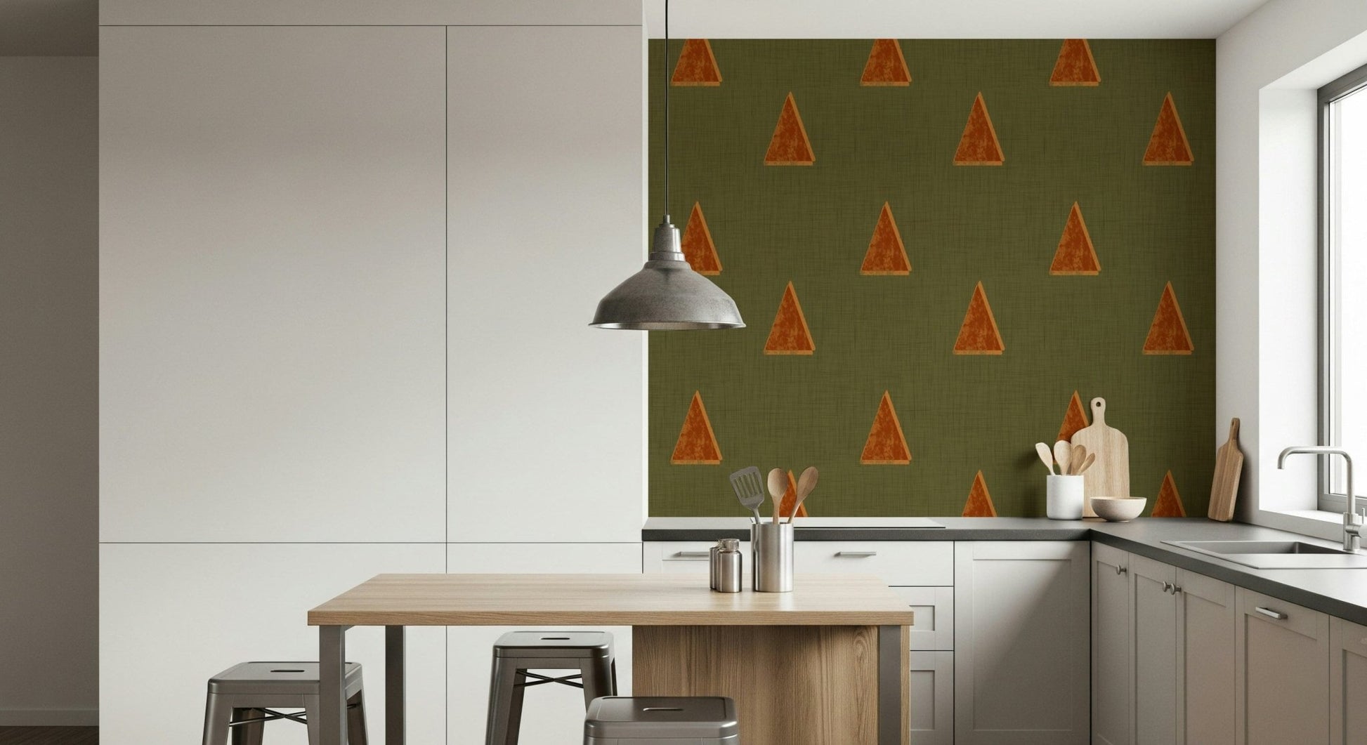 A graceful subtle pattern wall mural in soft, olive and neutral tones.