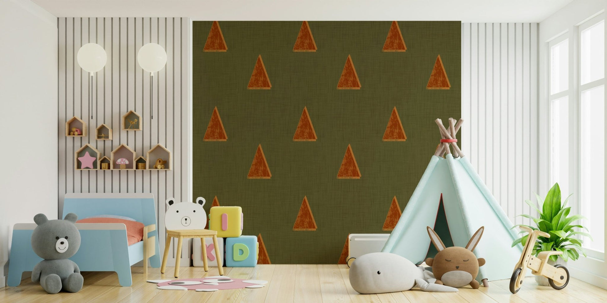 A beautiful modern art wall mural of geometric trees.