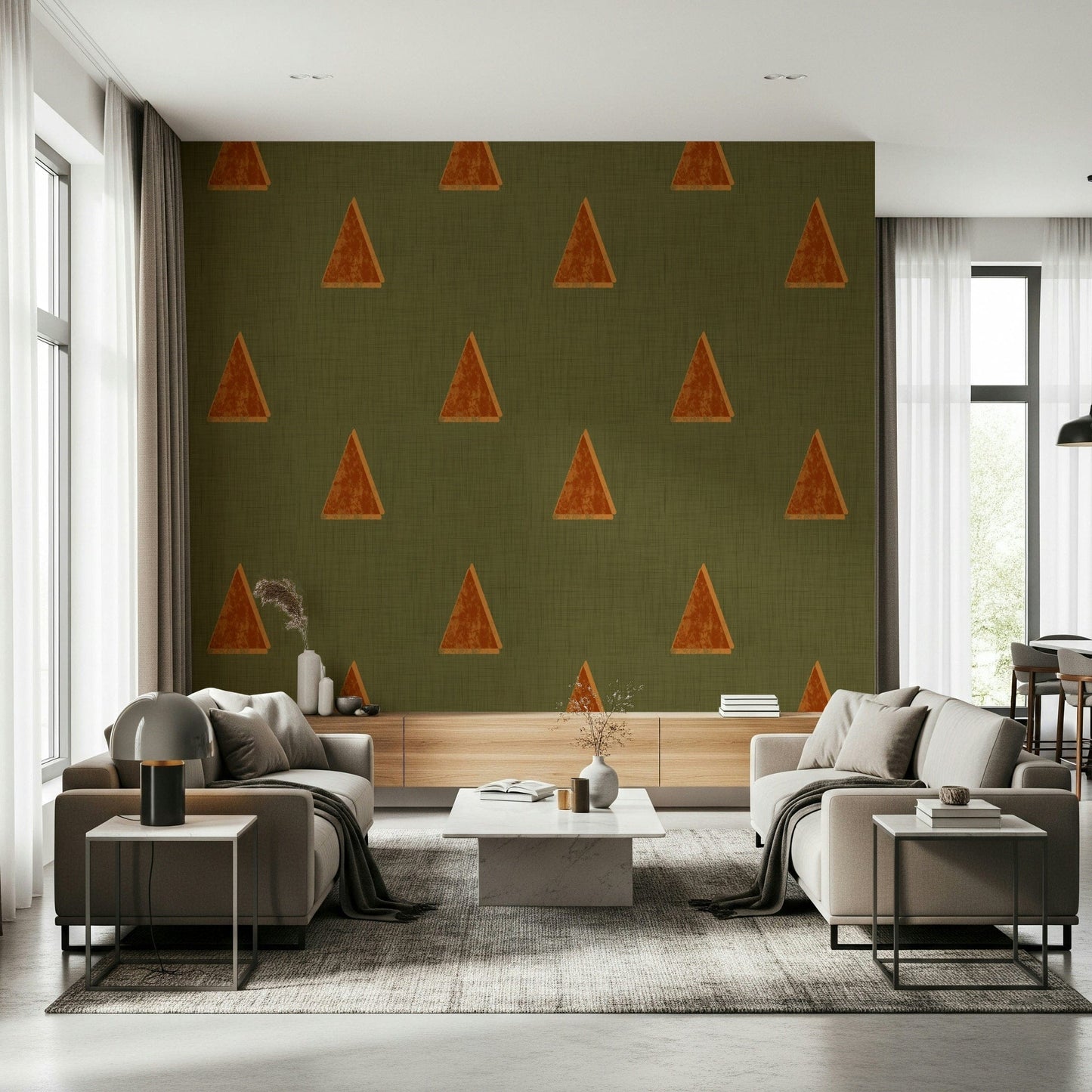 A peaceful Japandi design mural on decorative wallpaper.