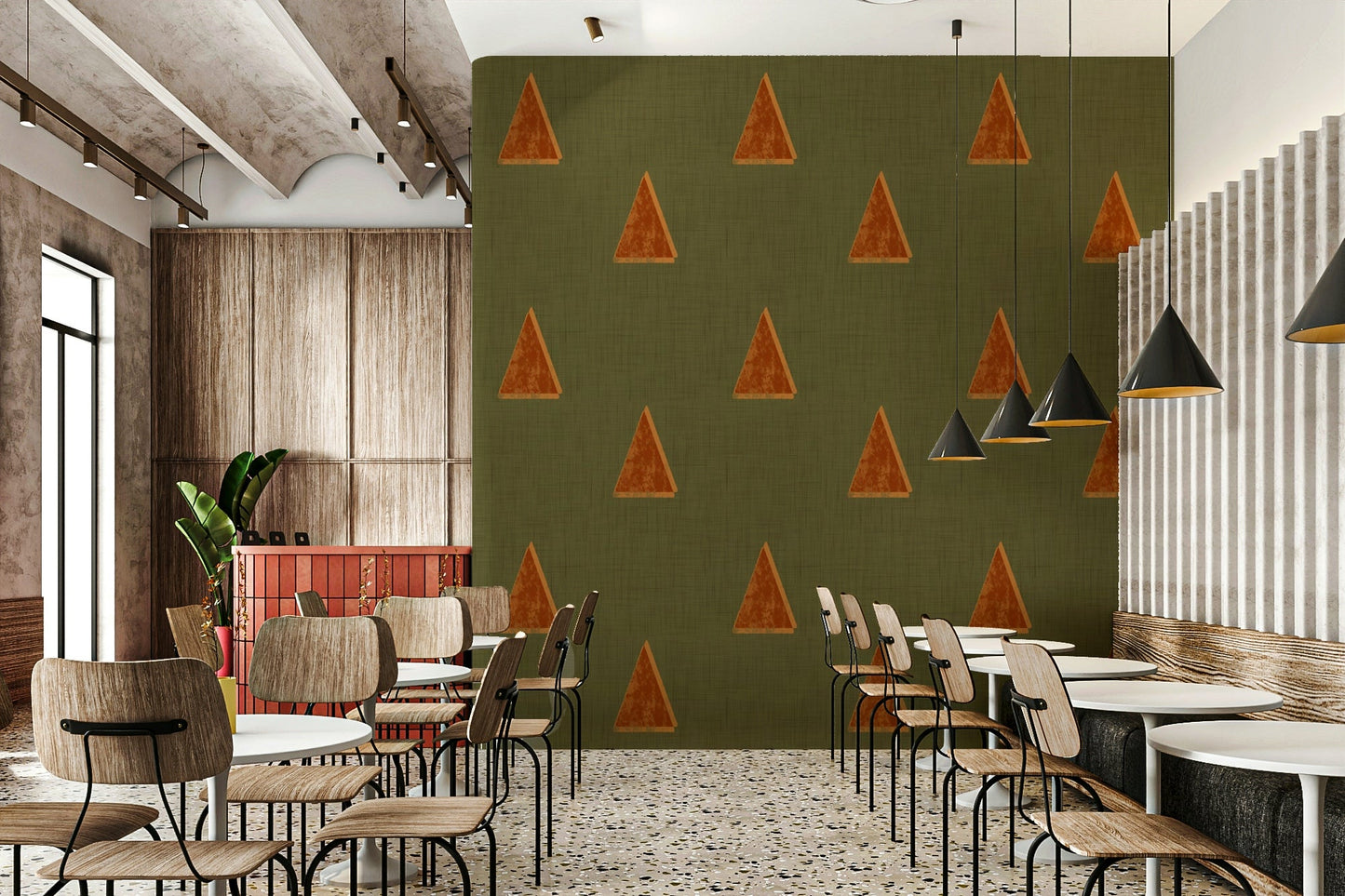 An artistic stylized tree mural on elegant wallpaper.