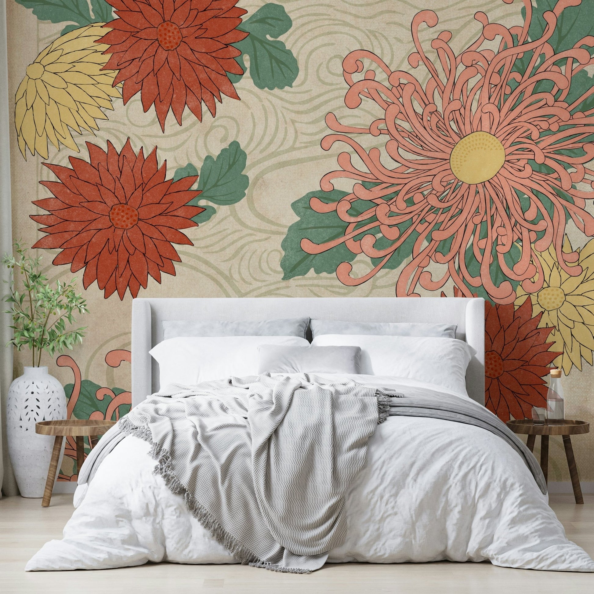 Chrysanthemum wall mural enhancing Zen aesthetic


