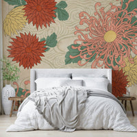 Chrysanthemum wall mural enhancing Zen aesthetic

