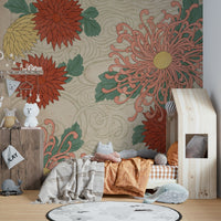 Serene bedroom with Japanese chrysanthemum mural backdrop

