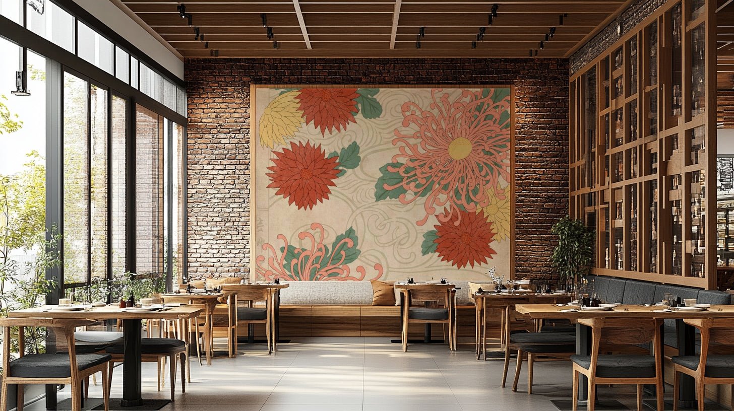 Vintage-style chrysanthemum wallpaper in a living room

