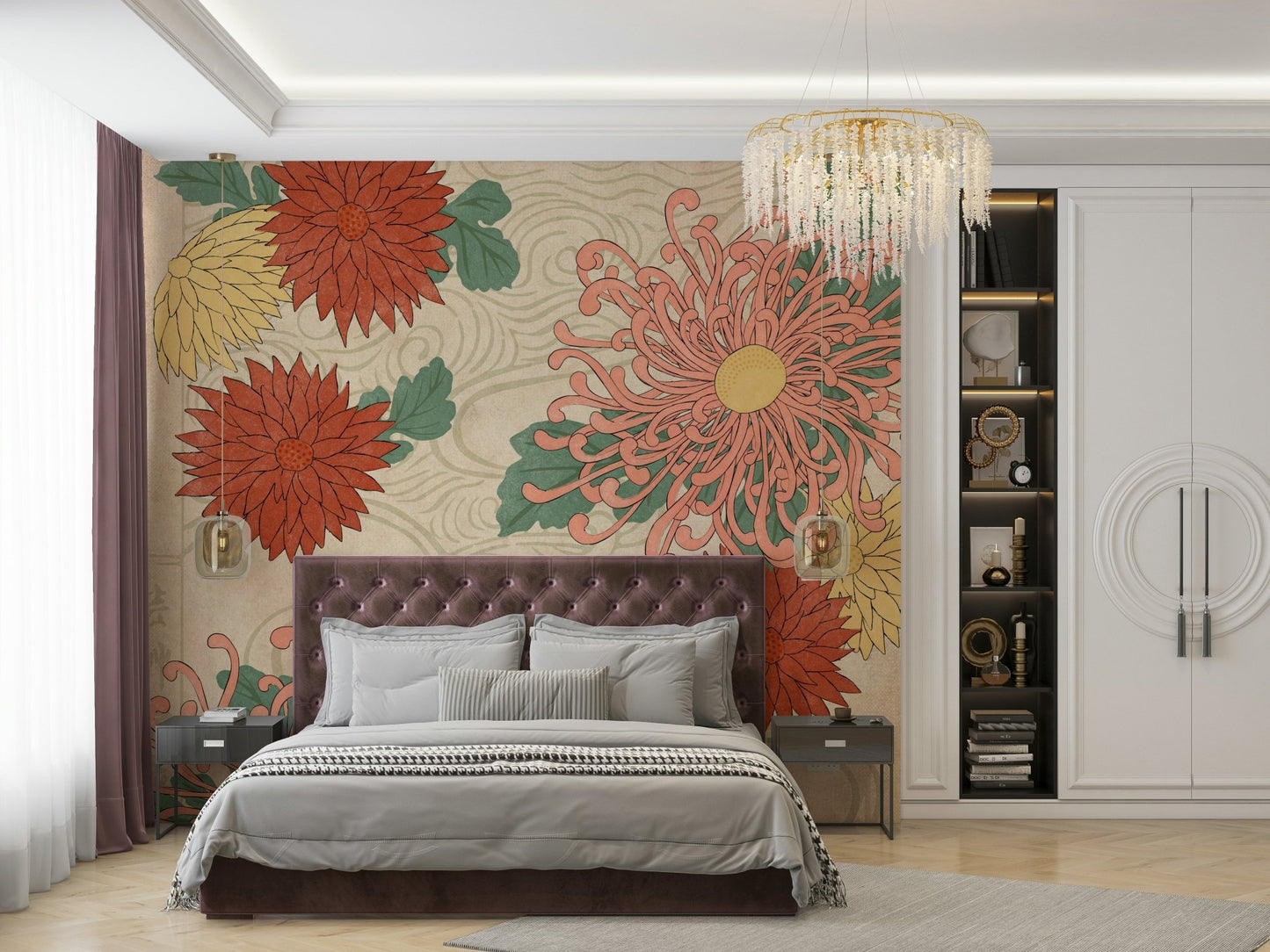 Elegant floral mural featuring traditional chrysanthemums

