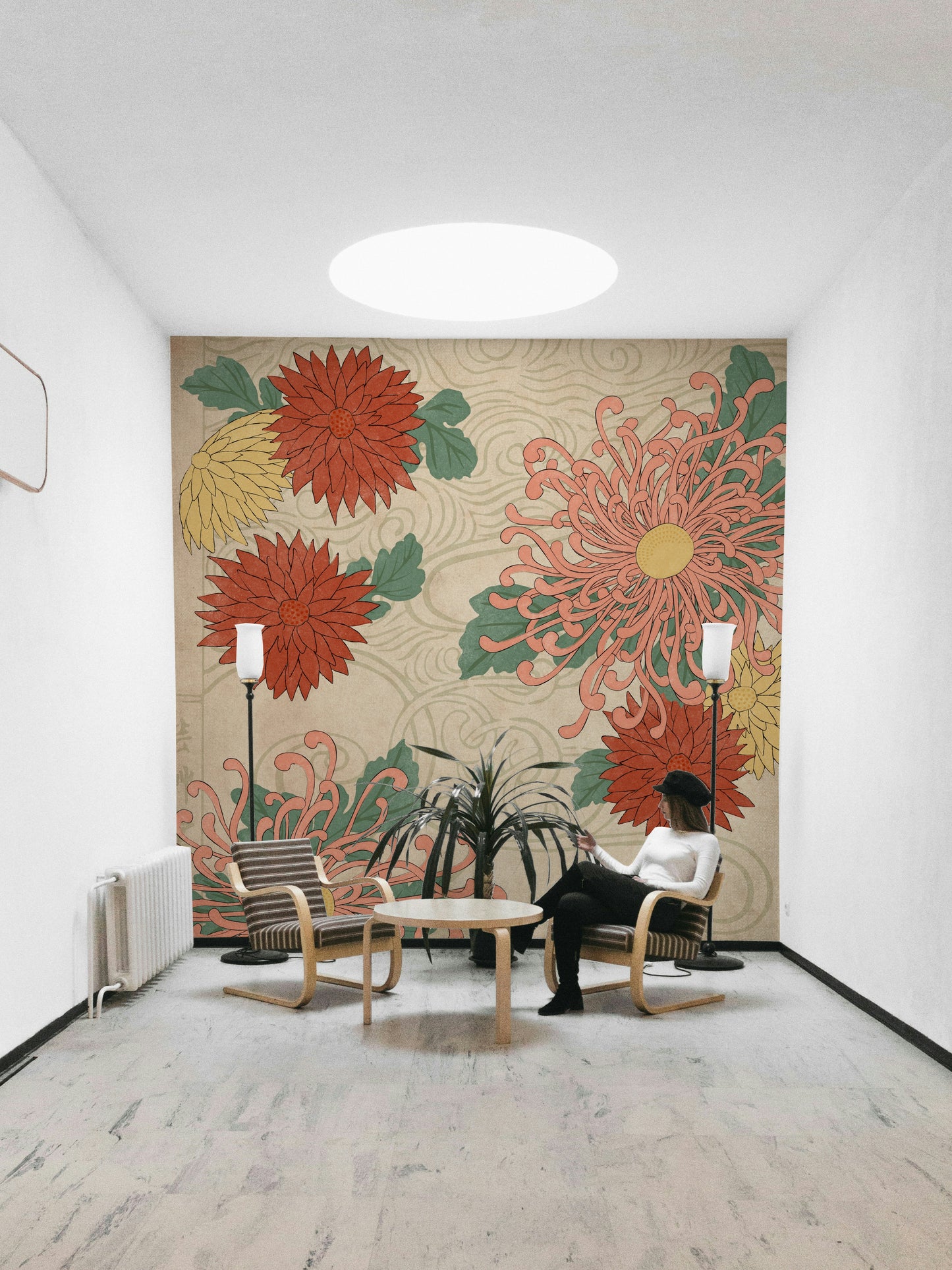 Japanese-inspired interior with floral wall decor

