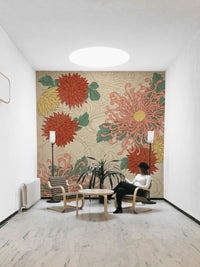 Japanese-inspired interior with floral wall decor

