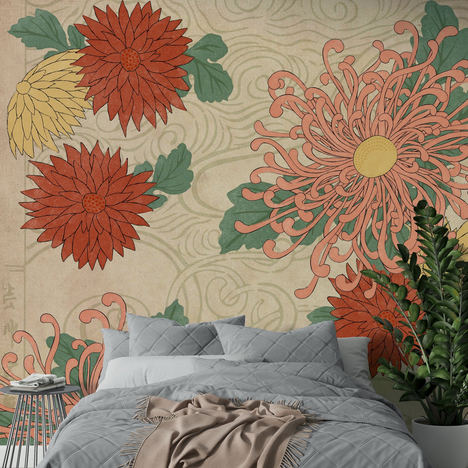 Hand-painted chrysanthemum blossoms in mural form

