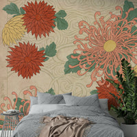 Hand-painted chrysanthemum blossoms in mural form

