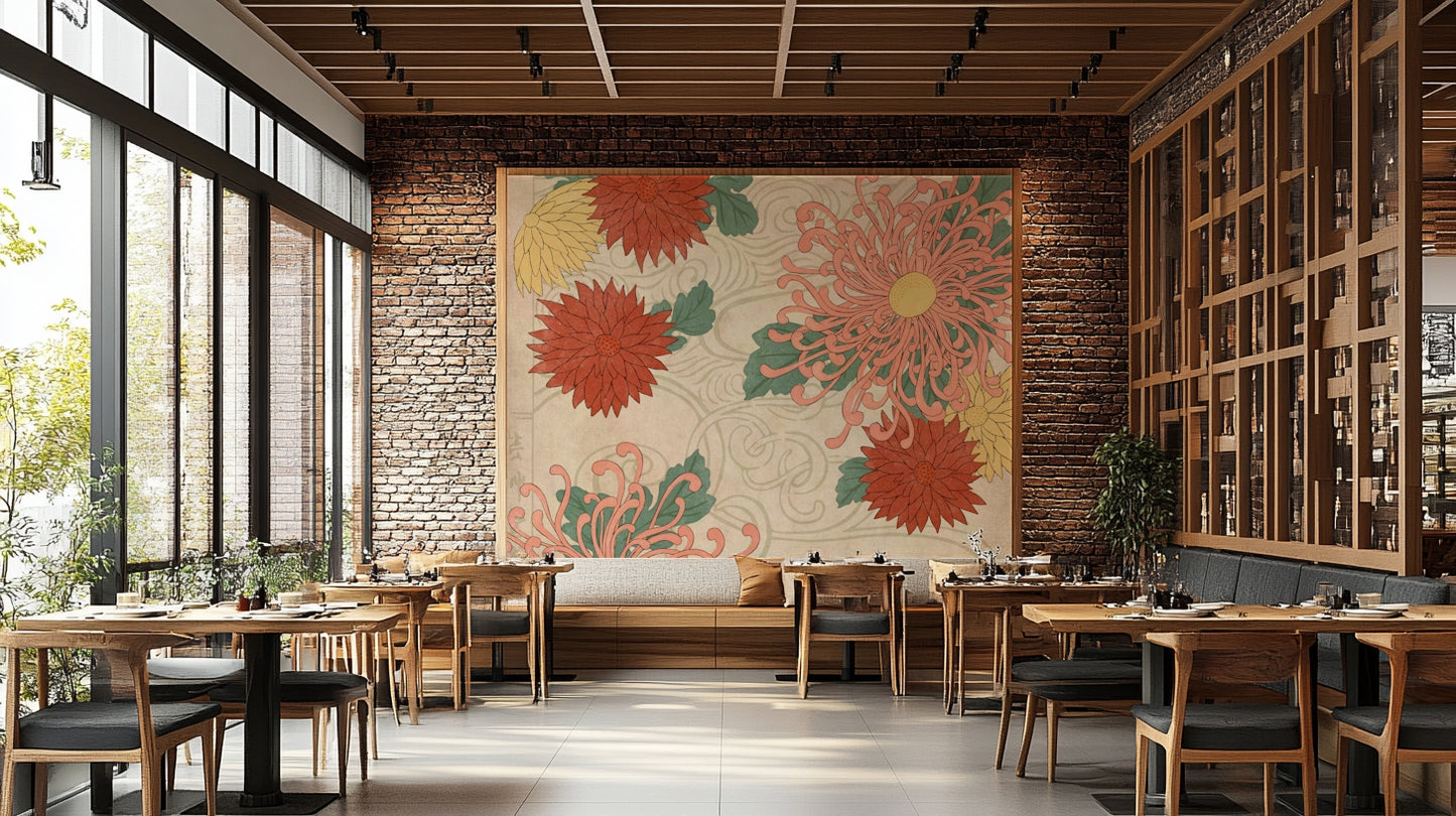 Vintage-style chrysanthemum wallpaper in a living room

