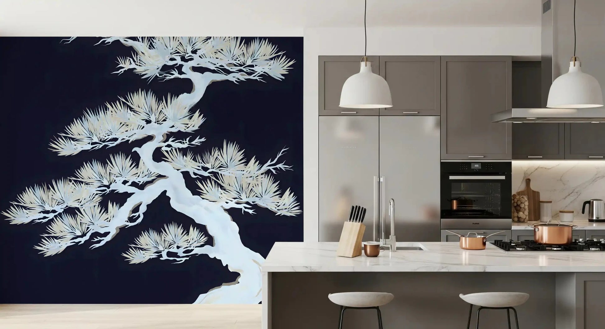 Deep navy ground holds a soft silver silhouette across this Japanese wall mural
GD9498