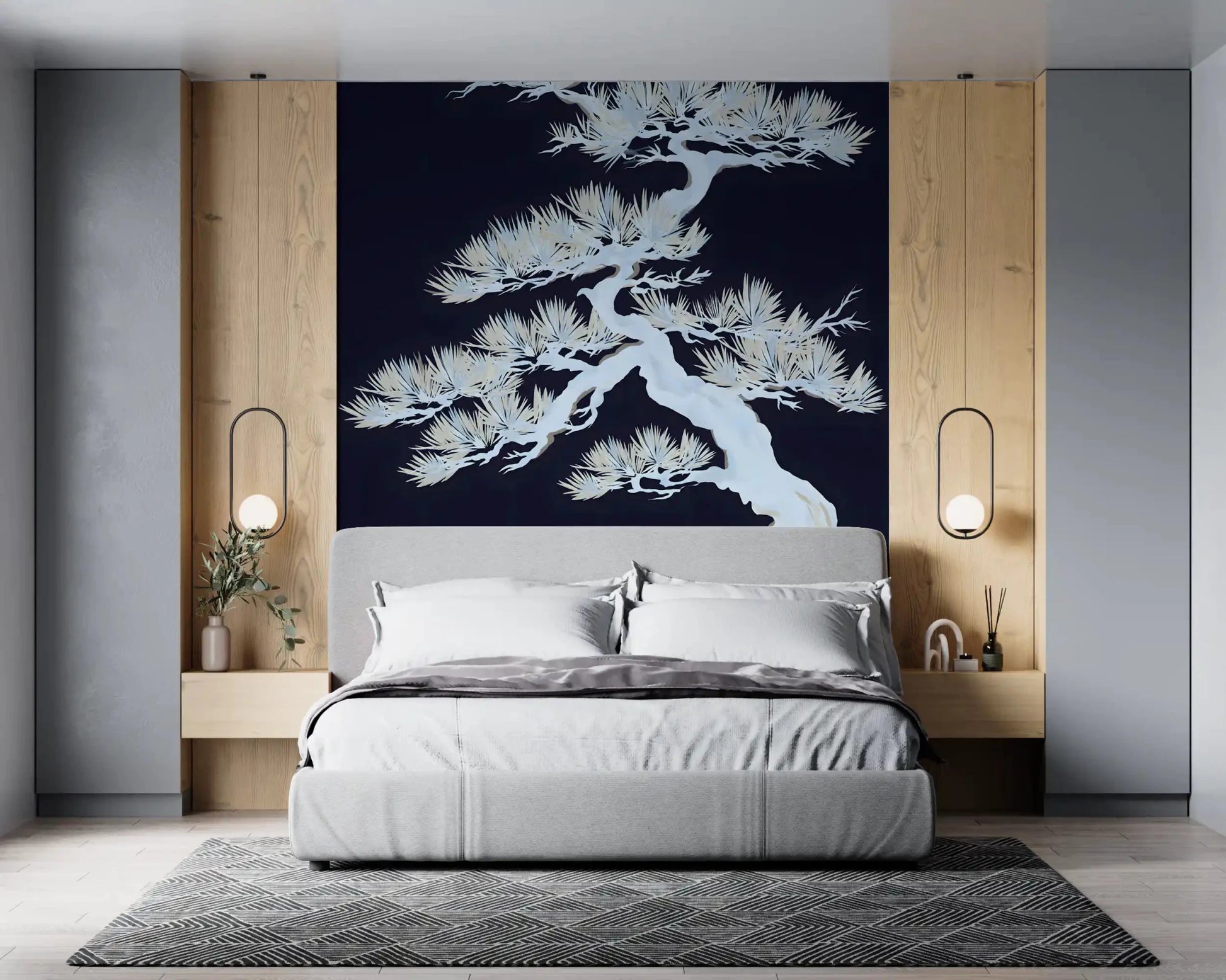 Single Japanese pine trunk twists upward through the silhouette wall muralGD9498