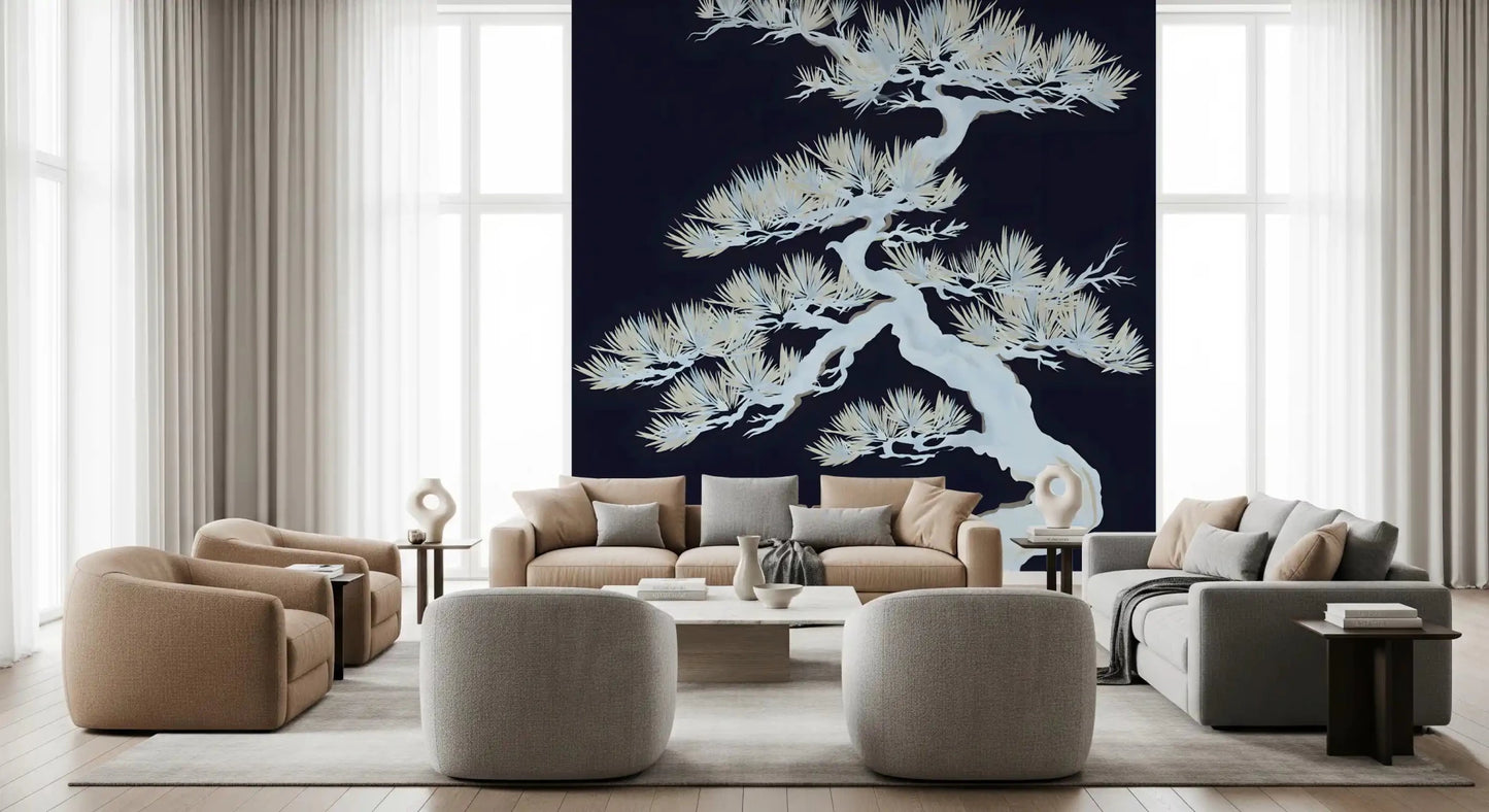 Pale matsu pine spreads silver branches across a deep navy wall muralGD9498