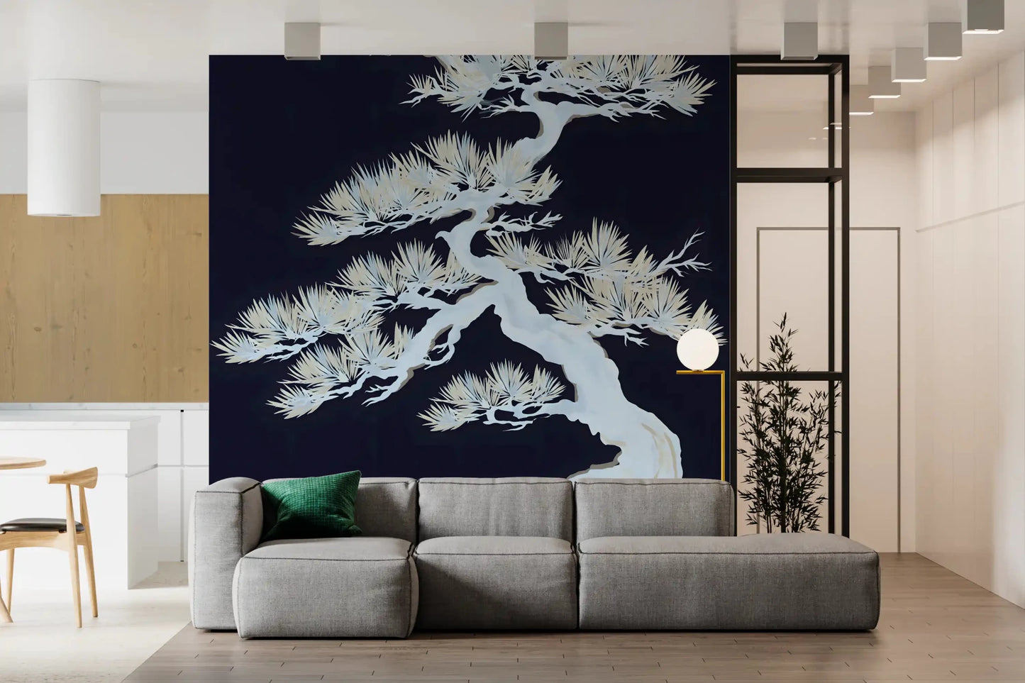 Open living room shows the Japanese pine silhouette wall mural in one sweep
GD9498