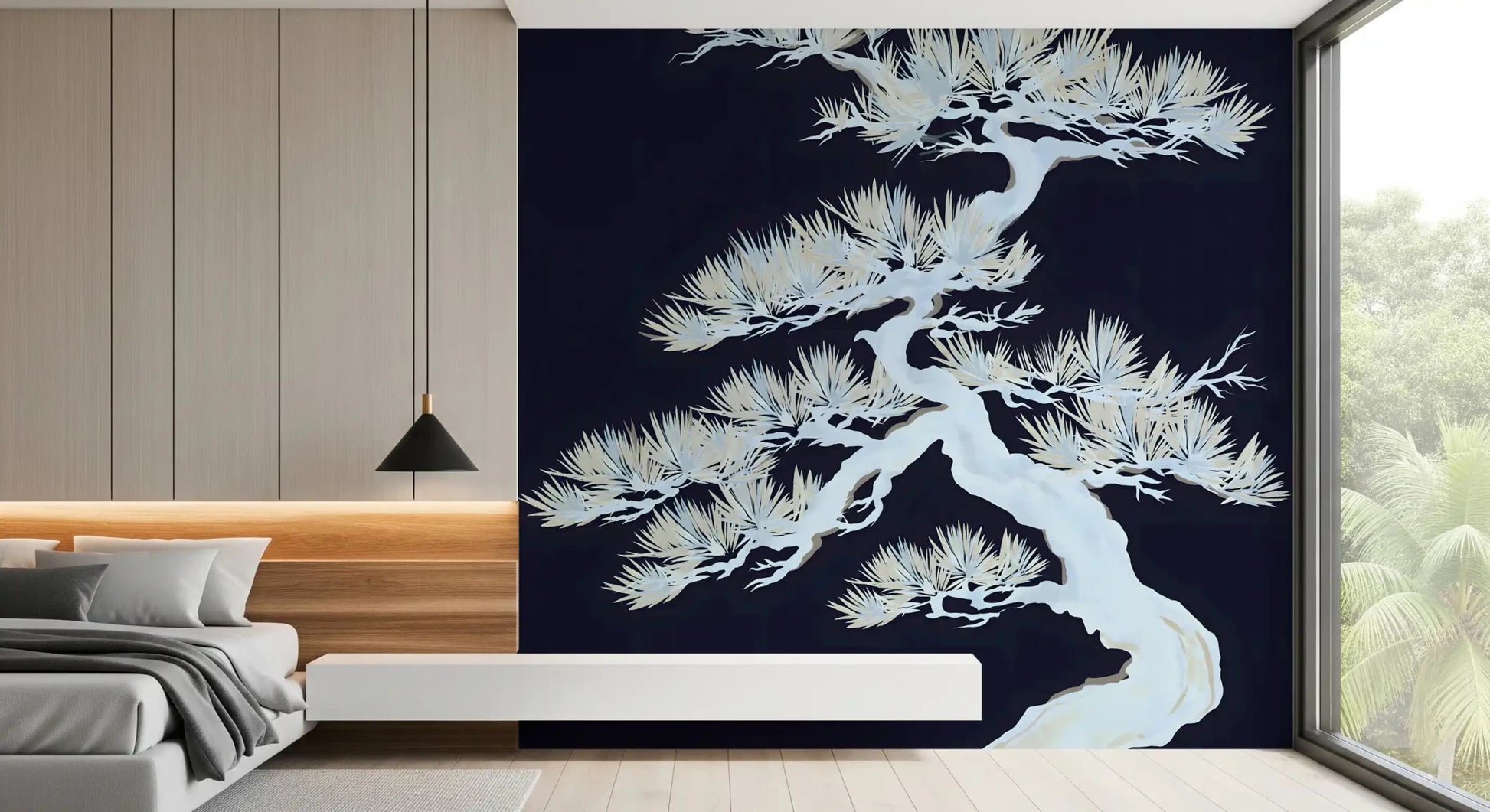 Bedroom holds the ethereal matsu pine wall mural in deep navy tones
GD9498