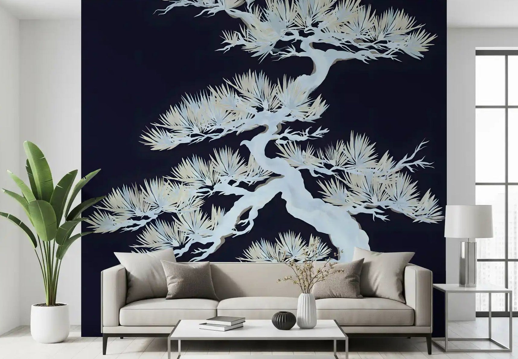 Living room covered in the Japanese matsu pine wall mural full heightGD9498