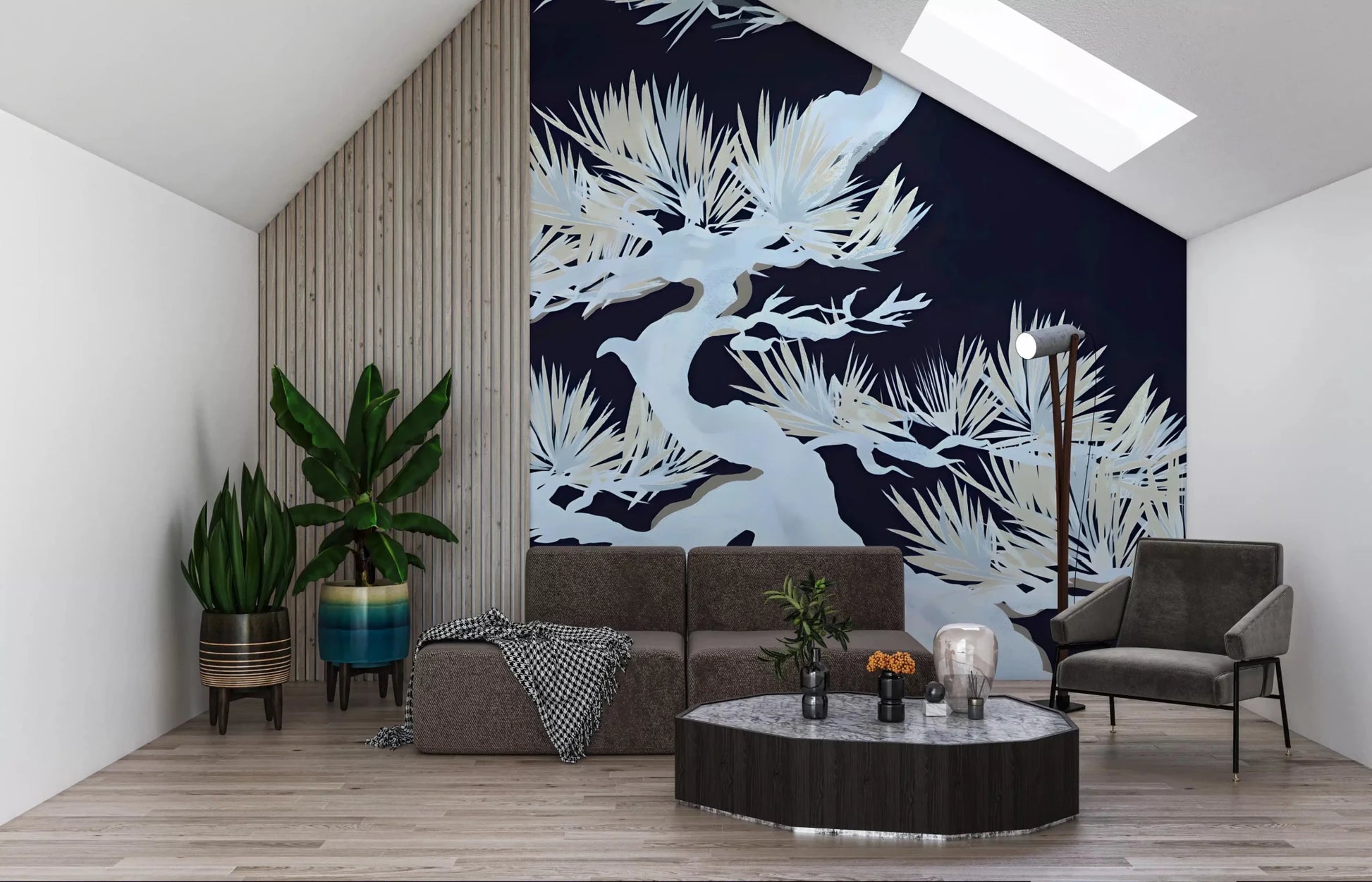 Lounge area framed by the ethereal matsu pine wall mural across one full wallGD9498