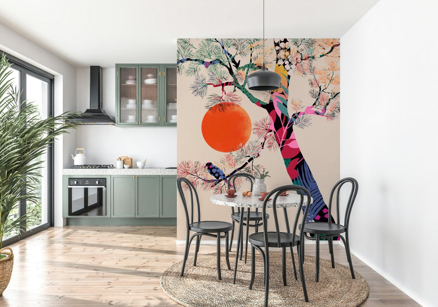 Vibrant koi pond wall mural for a modern living room wall.