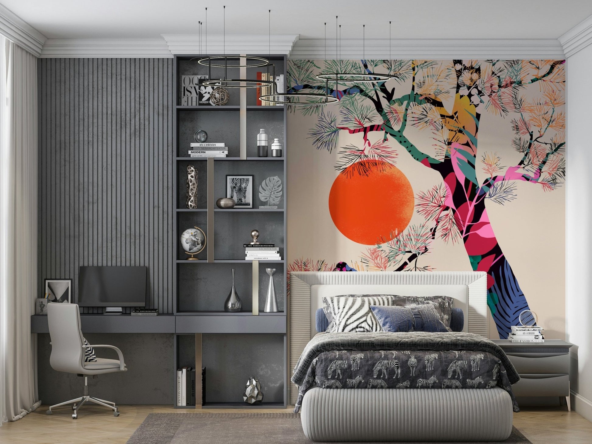 Blue sky and sunlit trees wall mural for a home office.