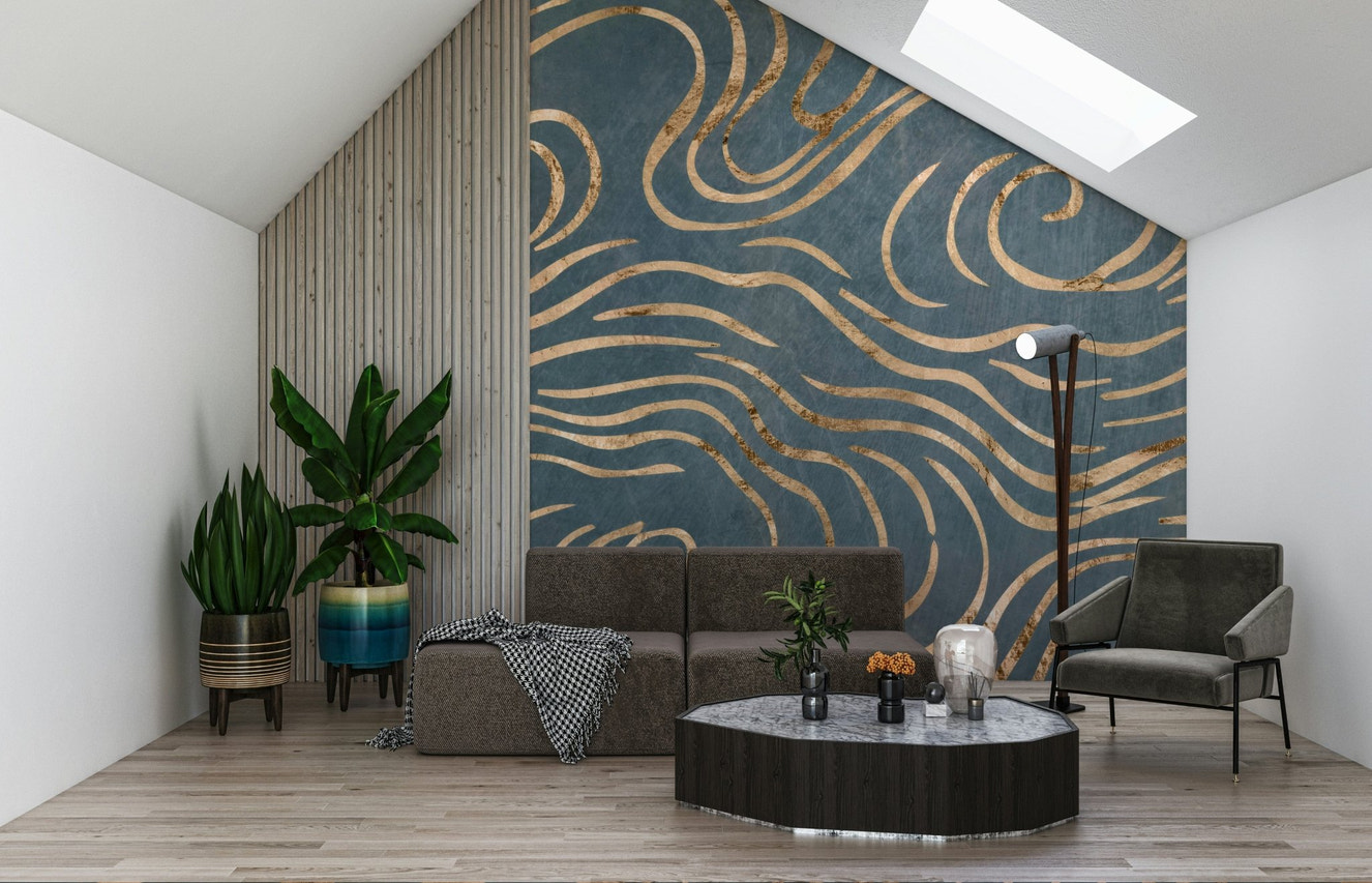 A beautiful Japanese wave pattern wallpaper mural in petrol blue and shimmering gold.