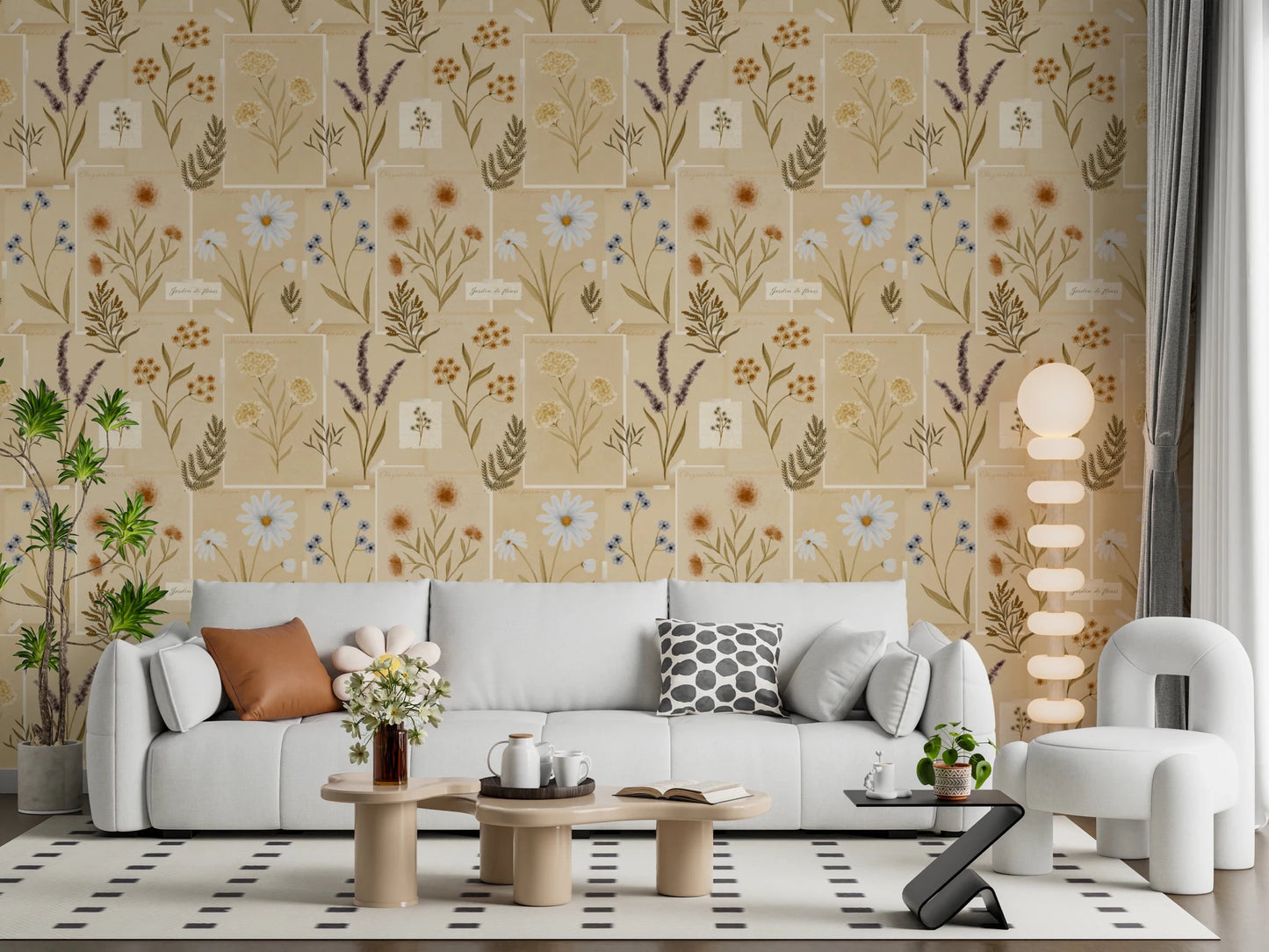 Casual lounge with Jardin des Fleurs Collage Muted Wallpaper and floor cushions