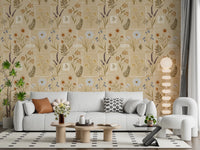 Casual lounge with Jardin des Fleurs Collage Muted Wallpaper and floor cushions