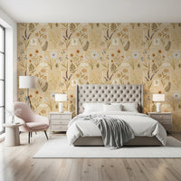 Bedroom with Jardin des Fleurs Collage Muted Wallpaper and a cushioned headboard