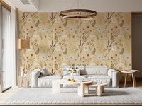 Living room with Jardin des Fleurs Collage Muted Wallpaper and a cream sofa