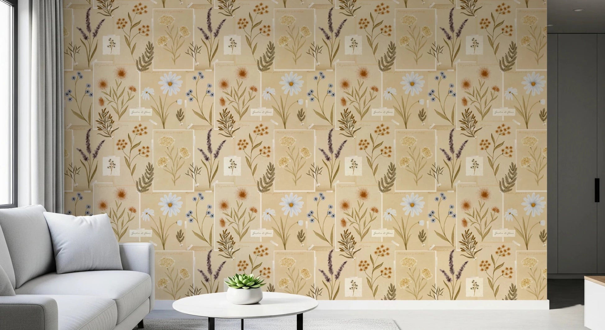 Sitting room with Jardin des Fleurs Collage Muted Wallpaper and a low sofa