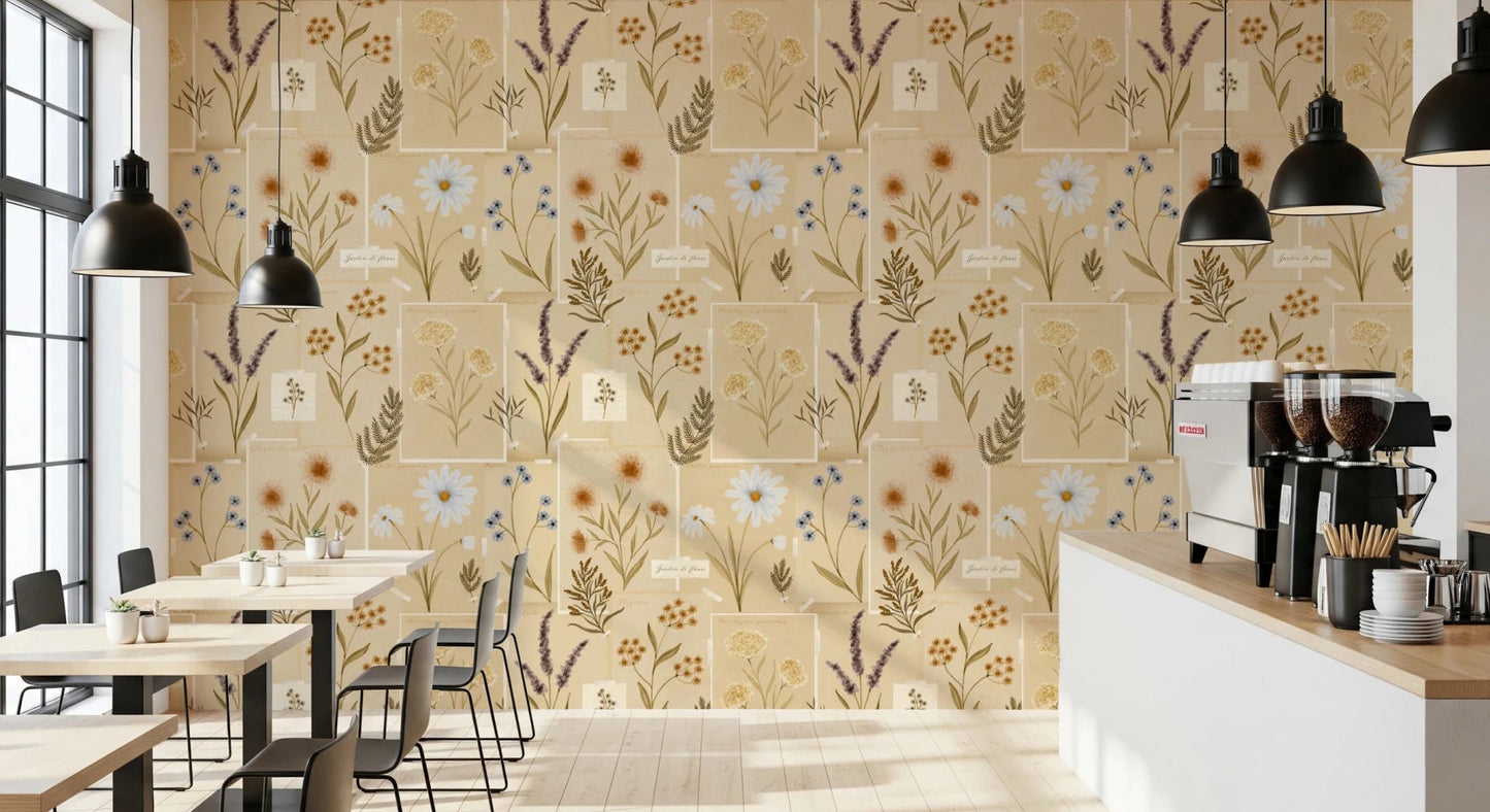 Cafe interior with Jardin des Fleurs Collage Muted Wallpaper and pendant lighting
