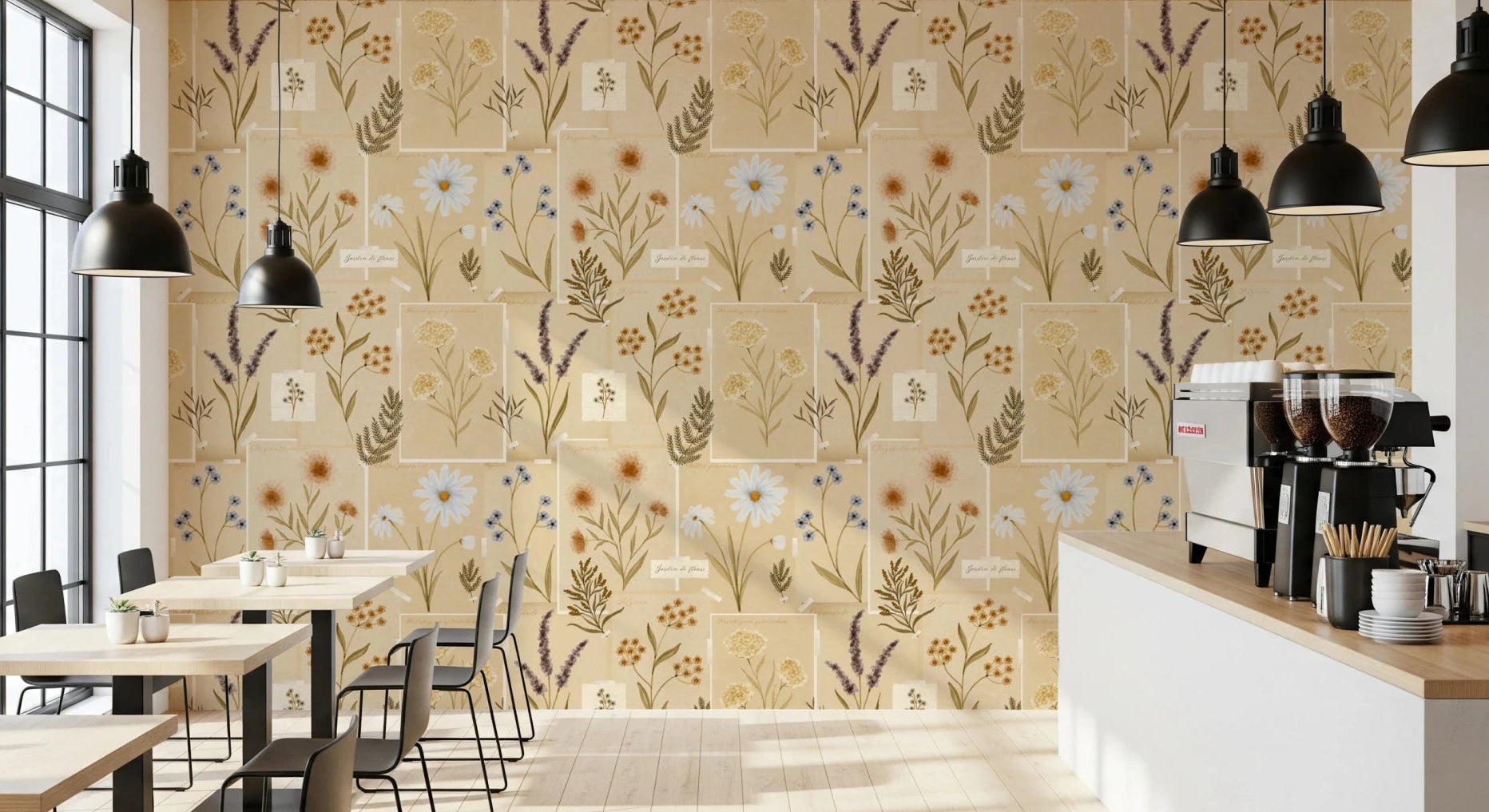 Cafe interior with Jardin des Fleurs Collage Muted Wallpaper and pendant lighting