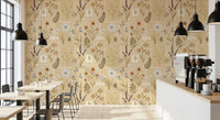 Cafe interior with Jardin des Fleurs Collage Muted Wallpaper and pendant lighting