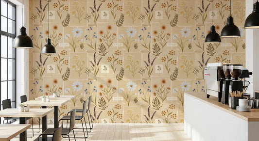 Cafe interior with Jardin des Fleurs Collage Muted Wallpaper and pendant lighting